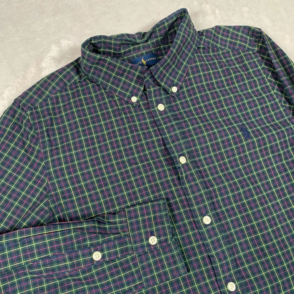 Ralph Lauren Button Down Shirt Boys XL Green Plaid Long Sleeve Pony Logo